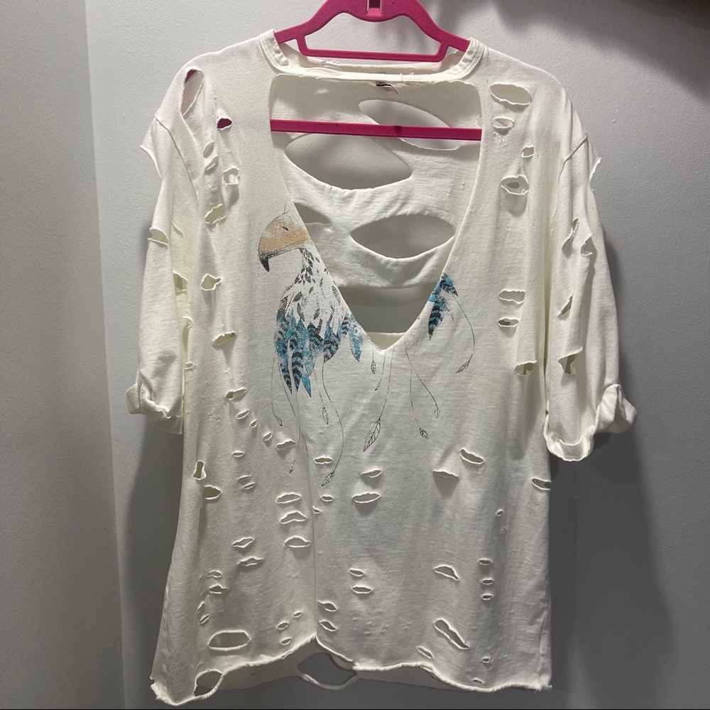 Emma & Sam Distressed White Tee with Blue Accent Eagle Graphic